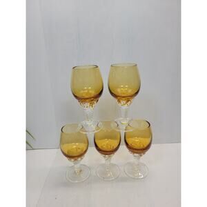 5 Vintage Amber Cordials Twisted Clear Class Stem Decanter Glasses